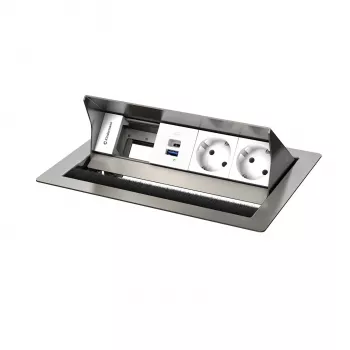 Kindermann CP Standard² VA 4f. skrivbordsanslutningspanel med 2x Schuko-uttag och 1x USB-A-laddport, silver/svart