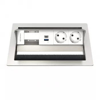 Kindermann CP Standard² VA 4f. skrivbordsanslutningspanel med 2x Schuko-uttag och 1x USB-A-laddport, silver/svart