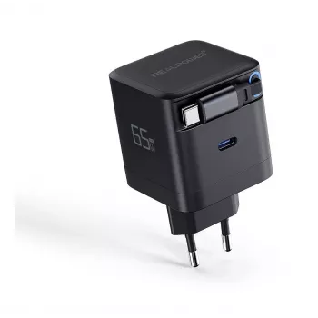 RealPower GaN-laddare 65W svart med 2x USB-C PD, kompakt och kraftfull