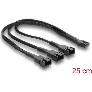 Delock fläktkabel splitter 1 x 4-pin PWM hona till hane + 2 x 4-pin (3 pins använda) hane med flätad mantel 25 cm svart