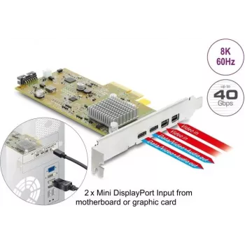 Delock PCI Express x4-kort till 2 x extern USB Type-C 40 Gbps (DP Alt Mode) hona – låg profil