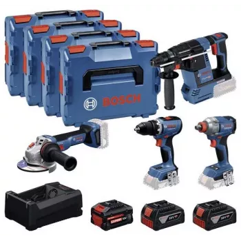 BOSCH POWERTOOLS Combo Kit 18V sladdlös borrskruvdragare, slagskruvdragare, borrhammare, vinkelslip (4-Tool Kit)