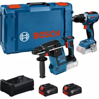 BOSCH PowerTools Combo Kit sladdlös slagborrskruvdragare 18V 65 + sladdlös borrhammare 18V 26 med 2 batterier 5 Ah och laddare (Kit)