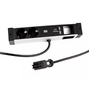 Bachmann DESK Rail grenuttag med 2 Schuko-uttag och 2 USB-laddningsportar, 2 m kabel, silver/svart