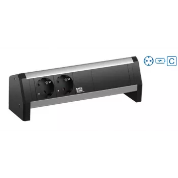 Bachmann Desk strömmodul - 2 AC-uttag typ F - aluminium/silver - 2 m kabel - bordsmonterad