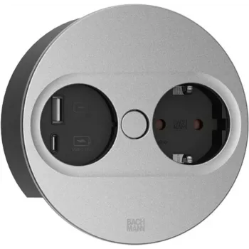 Bachmann TWIST 2 grenuttag med 1x Schuko-uttag och 1x USB A/C, 2,0m kabel, svart/rostfritt stål
