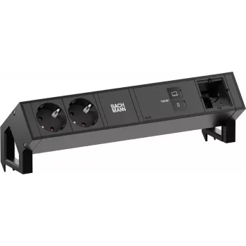 Bachmann DESK2 bordsströmmodul 2x Schuko 1x USB-C 100W 1x modulplats 0,2 m kabel RAL9005 djupsvart