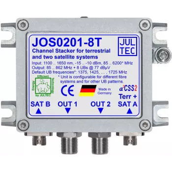 JULTEC JOS0201-8T Unicable II / JESS enkabelkonverter med 2x optisk satellit- och 1x optisk terrester ingång, 8x F-typ-utgång, FC/PC-anslutningar