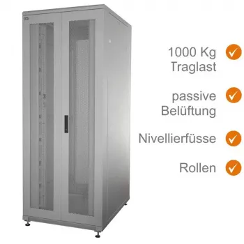 IT-BUDGET 19 inch nätverksskåp SRK – 38HE – bredd 800 mm x djup 800 mm – perforerade dubbla dörrar fram och bak – kabelkanaler – flatpack – ljusgrå (90ITB19SRK3888DTGN)