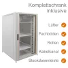 IT-BUDGET 19 inch nätverksskåp SRK komplett set 27U 800x800 mm glas-/hålstålsdörr 4 aktiva fläktar PDU hyllor monterat ljusgrå (99ITB19SRK2788GGM)