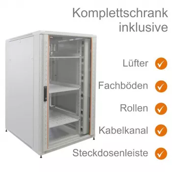 IT-BUDGET 19 inch nätverksskåp SRK komplett set 27U 800x800 mm glas-/hålstålsdörr 4 aktiva fläktar PDU hyllor monterat ljusgrå (99ITB19SRK2788GGM)