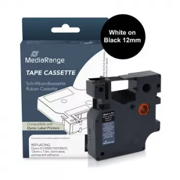 MediaRange etikettbandskassett kompatibel med Dymo 12mm x 7m vit på svart (MRDY45021)