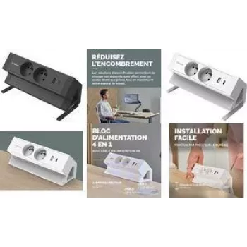 Fellowes Power Desk 2 bordsgrenuttag, typ E, 2 uttag, 2 USB, svart