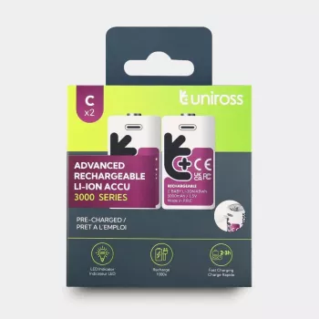 Uniross USB-C C/HR14 litiumjonbatteri 3000 mAh, 2-pack
