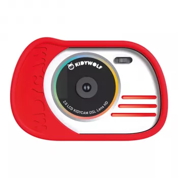 KIDYWOLF foto- och videokamera röd – 8MP digitalkamera för barn med 2,0 inch LCD, Full HD 1080p, 4x zoom, stötsäkert silikonfodral, microSD-plats, inbyggda spel, uppladdningsbart batteri, USB-kabel och axelrem