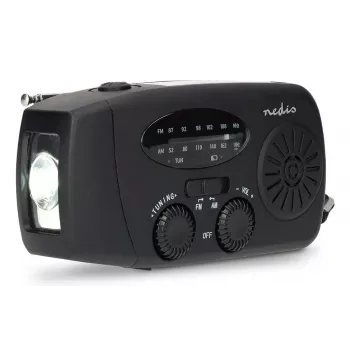 Nedis RDFMCR2000BK Solarradio med ficklampa och SOS-funktion, FM/AM, USB-C, 2000 mAh, svart