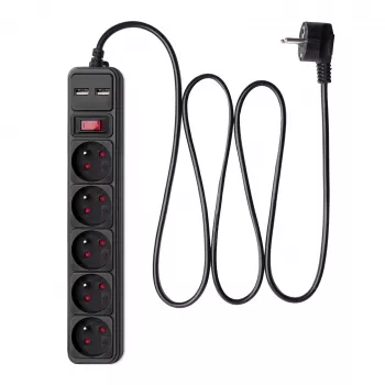 Akyga AK-SP-05U grenuttag med överspänningsskydd, 5x CEE 7/5 (typ E), 2x USB-A, 1,8 m, svart