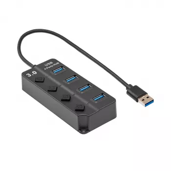 Akyga AK-AD-33 aktiv USB-3.0-hubb, 4 portar med individuella strömbrytare, 15 cm, svart