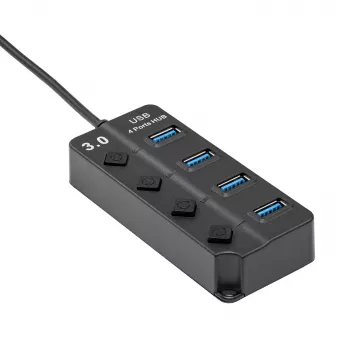 Akyga AK-AD-33 aktiv USB-3.0-hubb, 4 portar med individuella strömbrytare, 15 cm, svart