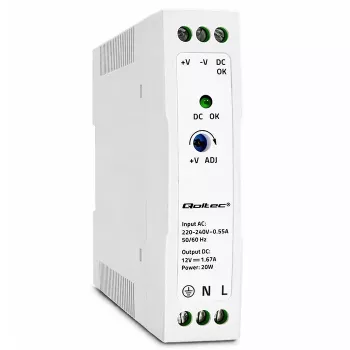 Qoltec DIN-skenaggregat 20W 12V 1.67A vit slim