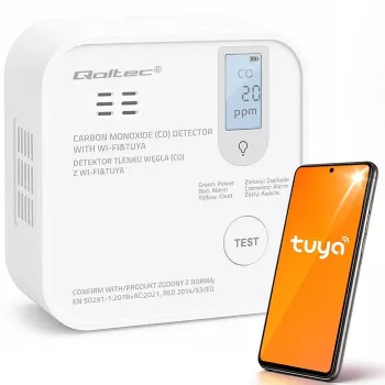 Qoltec certifierad trådlös kolmonoxid (CO) detektor med batteri, CO-detektor, TUYA, Wi-Fi, 10 års sensorlivslängd, 85 dB larm, LED