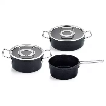 Fissler Adamant kastrullset, 3 delar: kastrull 20 cm, gryta 24 cm och kastrull 18 cm, med glaslock (156-115-03-000/0)