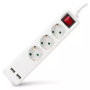 ENTAC grenuttag 3-vägs med USB 1,5m strömbrytare vit