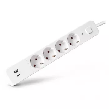 ENTAC grenuttag 4-vägs med 1x USB-A & 1x USB-C, 1,5m vit