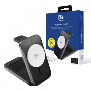 3MK MagRocket 3-i-1 15W MagSafe-kompatibel trådlös laddningsstation för iPhone, Apple Watch, AirPods – svart