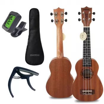 MOZOS GECKO sopranukuleleset – naturträ, 12 band, nylonsnören, inkl. gigbag, stämapparat, plektrum, rem, reservsträngar, rengöringsduk