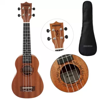 MOZOS GECKO sopranukuleleset – naturträ, 12 band, nylonsnören, inkl. gigbag, stämapparat, plektrum, rem, reservsträngar, rengöringsduk