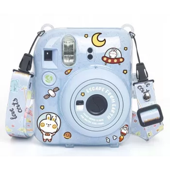 LOVEINSTANT skyddsfodral för Fujifilm Instax Mini 12 – Escape From Earth, blått glitter med klistermärken och fotoväska