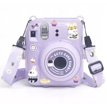 LOVEINSTANT skyddsfodral för Fujifilm Instax Mini 12 – Sweet Rabbit-design, lila glitter, med klistermärken och fotoväska
