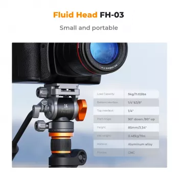 K&F Concept FH-03 Fluid-videopannhuvud, 5kg belastning, Arca-Swiss, 1/4 inch-20 & 3/8 inch-16, svart