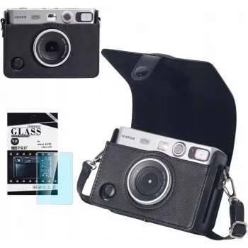 LOVEINSTANT 2-i-1 skyddsskal och härdat glasskärmsskyddsset för Fujifilm Instax Mini Evo – svart