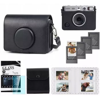 LOVEINSTANT 5-i-1 set: skal + härdat glas + 64-ficks album + fotopåse + ramar för Fuji Instax Mini Evo / svart