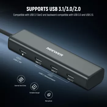 NEEWER PS020E USB-C Hub 4-in-1 with 5x USB-C 10Gbps 100W PD, Cold Shoe Mount and 1/4 inch Thread