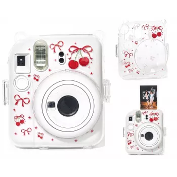 LOVEINSTANT hård skalsskyddshölje för Fujifilm Instax Mini 12 – röd körsbärsmönster med axelrem