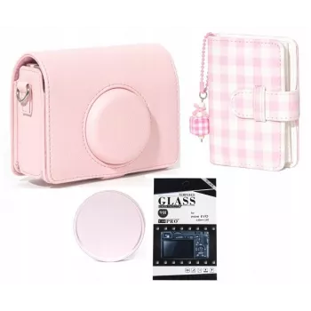 LOVEINSTANT 4-i-1-sats väska fotoalbum LCD-skärmskydd objektivlock för Fujifilm Instax Mini Evo – pink