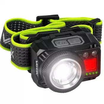 VAYOX VA0098 uppladdningsbar pannlampa, 500 lm, zoom, rörelsesensor, hybriddrift (1200 mAh / AAA)
