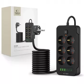 TECH-PROTECT PC6X6 grenuttag 3 USB & 3 Type-C & 6 uttag 200 cm svart