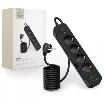 TECH-PROTECT PCL4X3 förgreningsdosa lång 2 USB & 1 Type-C & 4 uttag 200 cm svart