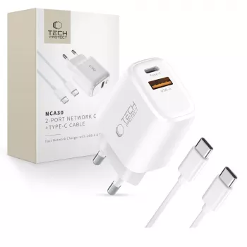 TECH-PROTECT NCA30 2-ports nätverksladdare PD 30W / QC3.0 + USB-C-kabel vit
