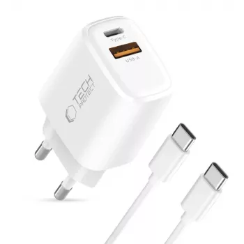 TECH-PROTECT NCA30 2-ports nätverksladdare PD 30W / QC3.0 + USB-C-kabel vit