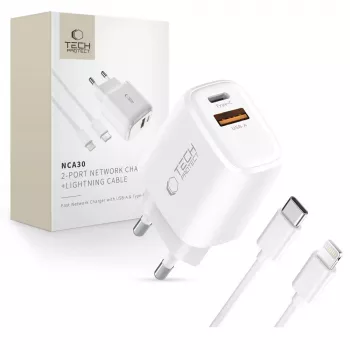 TECH-PROTECT NCA30 2-ports nätverksladdare PD 30W / QC3.0 + Lightning-kabel vit