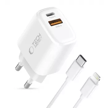 TECH-PROTECT NCA30 2-ports nätverksladdare PD 30W / QC3.0 + Lightning-kabel vit