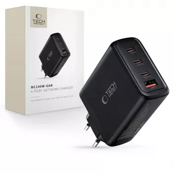 TECH-PROTECT NC140W-GAN 4-ports nätverksladdare PD 140W / QC3.0 svart