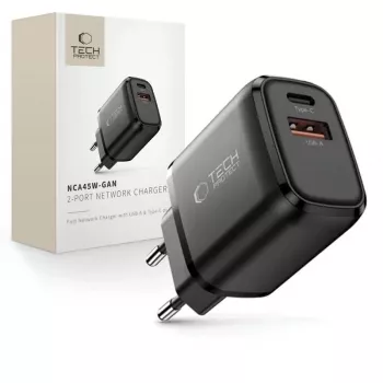 TECH-PROTECT NCA45W-GAN 2-ports nätverksladdare PD 45W / QC3.0 svart