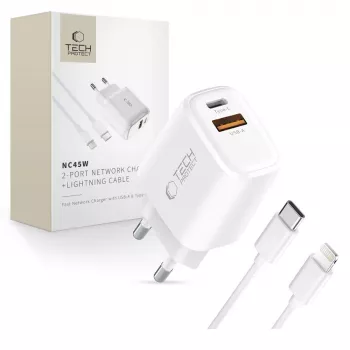 TECH-PROTECT NCA45W-GAN 2-ports nätverksladdare PD 45W / QC3.0 + Lightning-kabel vit