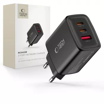 TECH-PROTECT NCA65W-GAN 3-ports nätverksladdare PD 65W / QC3.0 svart